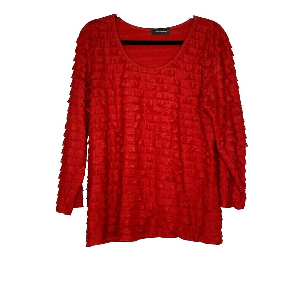 Travel Elements Ladies Size XL Bright Red Holiday Christmas Fringed Ruffled Top